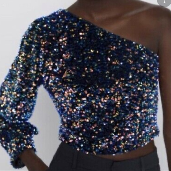 ZARA Sequined asymmetrical one shoulder crop top long sleeves size Medium NWT - Picture 5 of 15